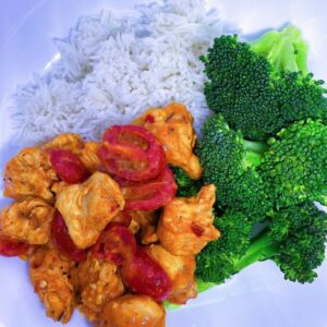 Mango Curry Chicken with basmati rice, and a side of steamed broccoli