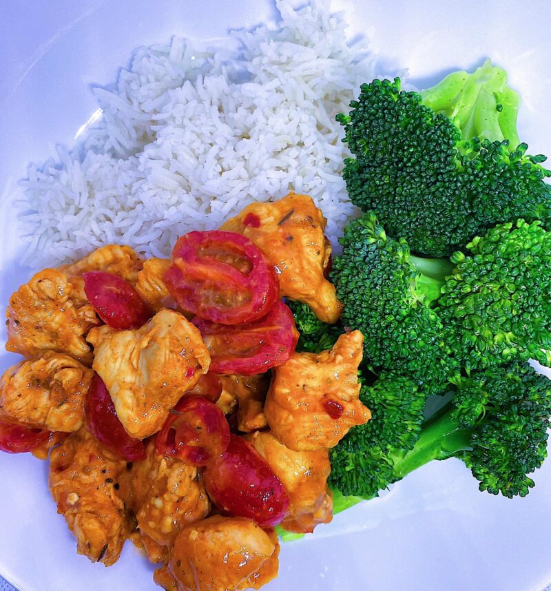 Mango Curry Chicken with basmati rice, and a side of steamed broccoli