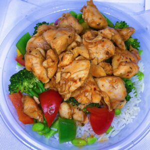 Spicy Thai Chicken with basmati rice and mixed vegetables