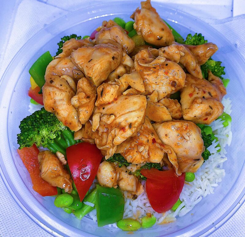 Spicy Thai Chicken with basmati rice and mixed vegetables